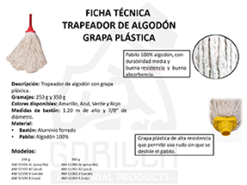 TRAPEADOR ALGODÓN C/BASTÓN DE ALUMINIO FORRADO 350 GRAMOS, GORILLA