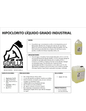 HIPOCLORITO LÍQUIDO GRADO INDUSTRIAL, GORILLA