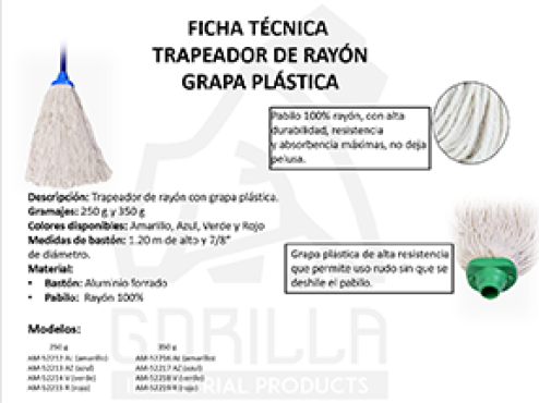 TRAPEADOR RAYÓN C/BASTÓN DE ALUMINIO FORRADO 350 GRAMOS, GORILLA
