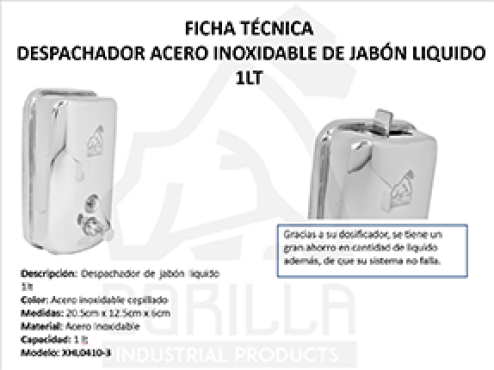DESPACHADOR ACERO INOX JABÓN LÍQUIDO 1 L, GORILLA