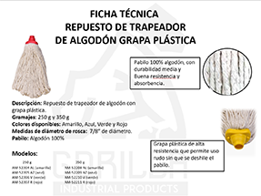 REPUESTO TRAPEADOR ALGODÓN GRAPA PLÁSTICA 350 GRAMOS, GORILLA
