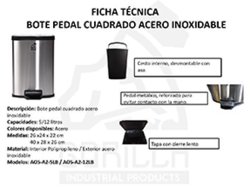 BOTE CUADRADO C/PEDAL ACERO INOX 12 L, GORILLA