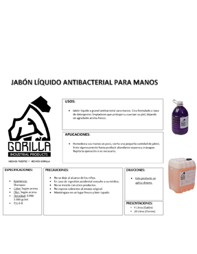 JABÓN LÍQUIDO ANTIBACTERIAL P/MANOS VARIOS AROMAS, GORILLA