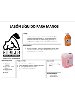 JABÓN LÍQUIDO P/MANOS VARIOS AROMAS, GORILLA