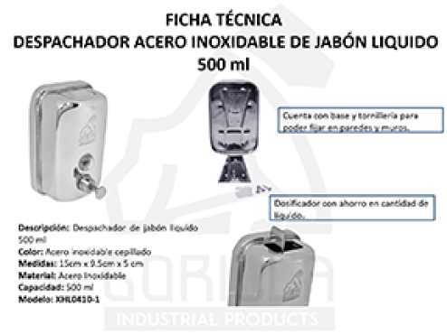 DESPACHADOR ACERO INOX JABÓN LÍQUIDO 500 ML, GORILLA