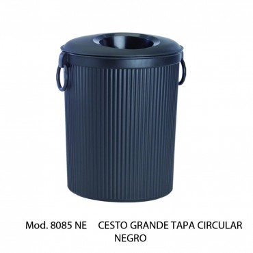 BOTE DE BASURA CIRCULAR NEGRO CON TAPA, SABLON