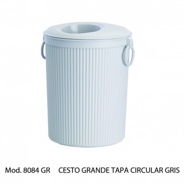 BOTE DE BASURA CIRCULAR GRIS CON TAPA, SABLON